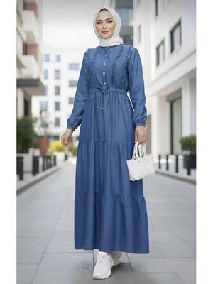 Fırfır Detaylı Düğmeli Koyu Kot Mavi Elbise