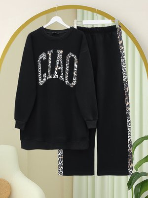Siyah Önü Yazılı Leopar Deseni Detaylı Üç İplik Sweat Takım
