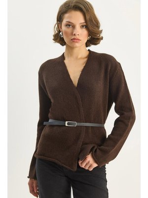 Acı Kahve Kemer Detaylı Triko Hırka