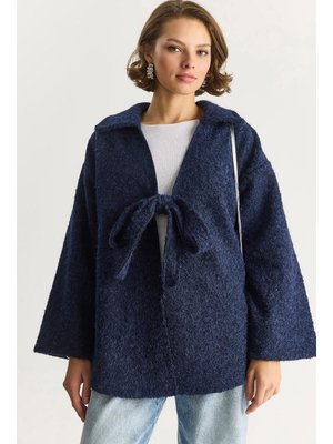 İndigo Gömlek Yaka Bağlama Detaylı Kırçıllı Kaşe Kaban