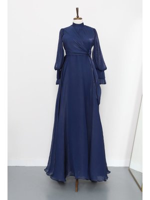 Lacivert Yandan Bağlamalı Abiye Elbise