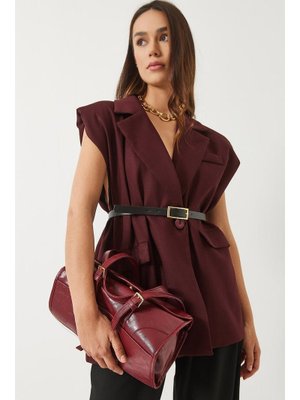 Bordo Cep Detaylı Kemerli Vatkalı Oversize Astarlı Blazer Yelek