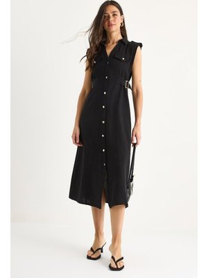 Siyah Gold Düğmeli Bel Detaylı Keten Elbise