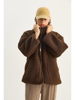 Acı Kahve Cep Detaylı Fermuarlı Astarlı Dik Yaka Peluş Mont