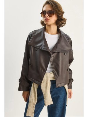 Acı Kahve Kruvaze Kapamalı Dik Yaka Cep Detaylı Kuşaklı Suni Deri Ceket