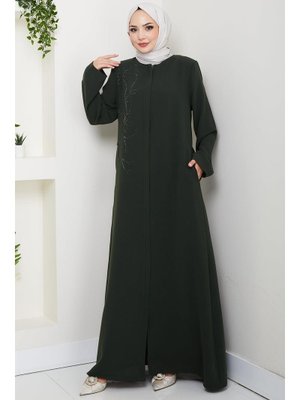 Haki Çiçek Detay Taşlı Ferace