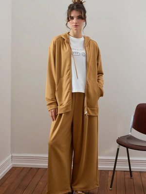 Karamel İplik Uzun Fermuarlı Eşofman Takım