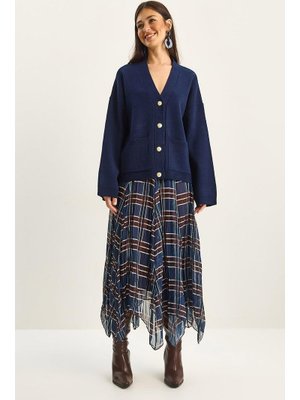 Lacivert Ekose Desenli Kırışık Efektli Astarlı Midi Şifon Etek