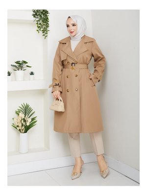 Astarlı Kruvaze Yaka Kuşaklı Trençkot
