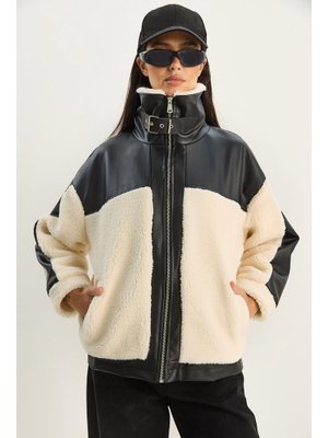 Krem Siyah Deri Garnili Astarlı Cep Detaylı Peluş Mont