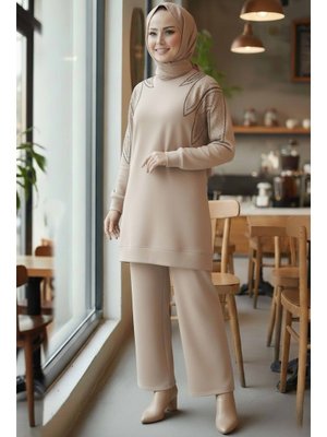 Krem Taş Detaylı Modal İkili Takım