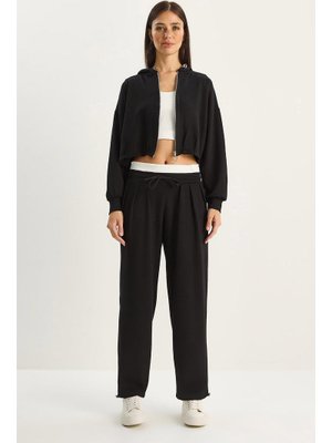 Siyah Kapüşonlu Hırka Crop Atlet Yüksek Bel Pantolon Relaxed Modal 3'lü Takım