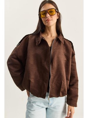 Acı Kahve Süet Görünümlü Astarlı Bomber Ceket