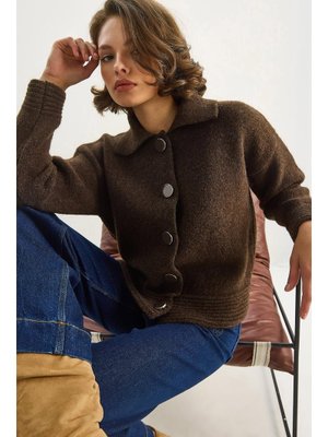 Acı Kahve Polo Yaka Yumuşak Dokulu Düğmeli Triko Hırka