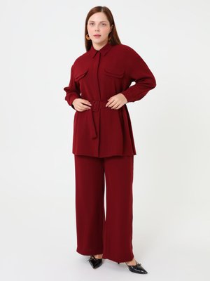 Bordo Büyük Beden Kemer Detaylı Takım