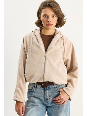 Bej Kapüşonlu Fermuarlı Cep Detaylı Astarlı Süet Bomber Ceket