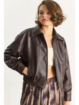 Acı Kahve Oversize Belli Lastikli Suni Deri Bomber Ceket