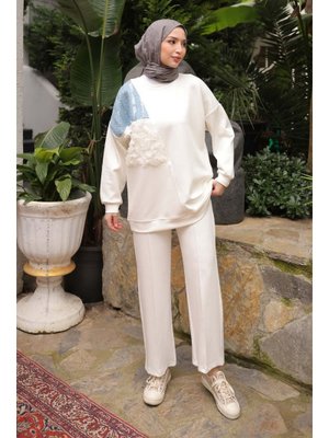 Ekru Kot Garnili Modal Tunik Pantolonlu Takım