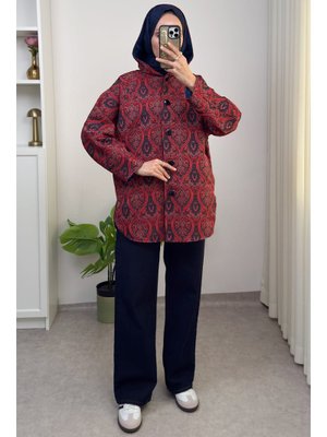 Bordo Otantik Desen Kapüşonlu Kap