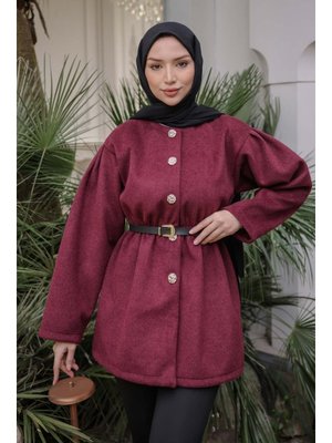 Bordo Bel Lastikli Kemerli Kaşe Çeket