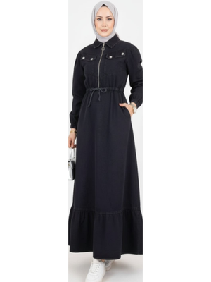 Cep Detaylı Fermuarlı Siyah Kot Elbise