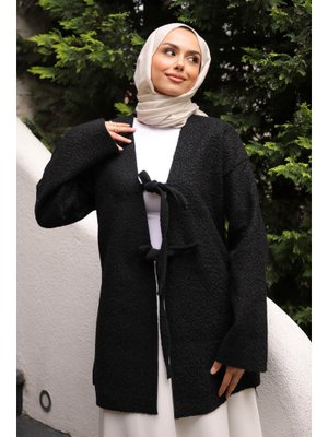 Siyah Önü Bağlamalı Buklet Kimono Ceket