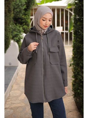 Füme Kapüşonlu Fermuarlı Kaşe Ceket