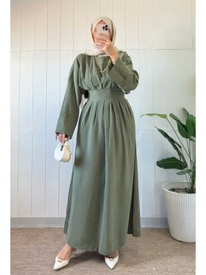 Haki Bel Pile Detaylı Elbise