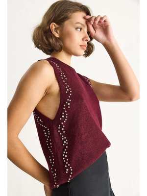 Bordo Taş İşlemeli Triko Bluz