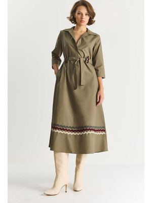 Haki Nakış Detaylı Yakalı Kemer Köprülü Gömlek Elbise