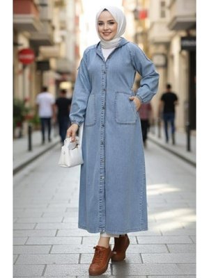 Düğmeli Kapüşonlu Cepli Kot Mavi Kap