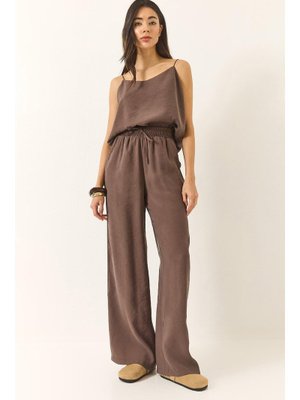 Kahve Askılı Dokuma Modal Bluz Pantolon Alt Üst Takım