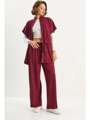 Bordo Beli Lastikli Büyük Cep Detaylı Yelek Bol Pantolon Alt Üst Modal Takım