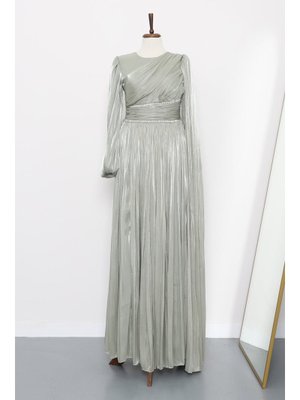 Mint Bel Büzgülü Taşlı Abiye Elbise