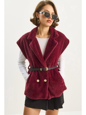 Vişne Suni Kürk Dokulu Kemerli Cep Detaylı Astarlı Yelek