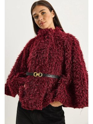 Bordo Kemer Detaylı Yumuşak Dokulu Peluş Panço