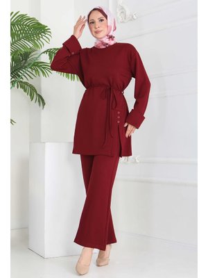 Bordo Düğme Detaylı Modal İkili Takım