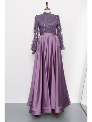 Lila Boncuklu İşlemeli Saten Abiye Elbise