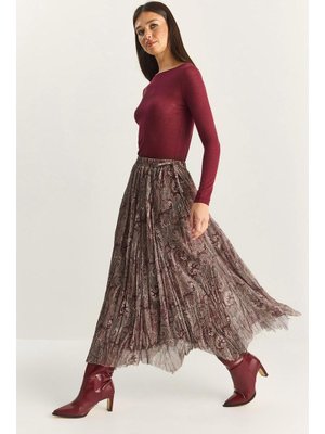 Bordo Şal Desenli Asimetrik Kesim Astarlı Şifon Bohem Etek