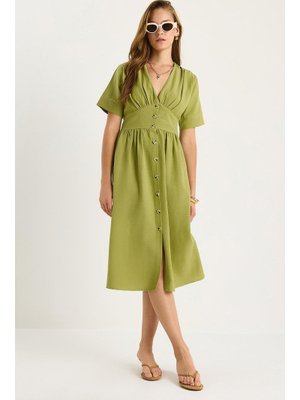 Fıstık Yeşili V Yaka Bel Detaylı Düğmeli Kısa Kollu Viskon Keten Elbise