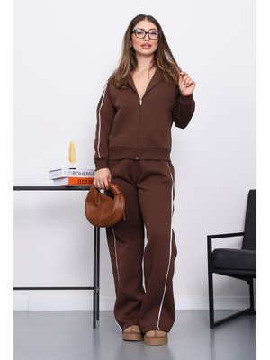 Kahverengi Kapüşonlu Üç İplik Sweat Hırka Pantolonlu Takım