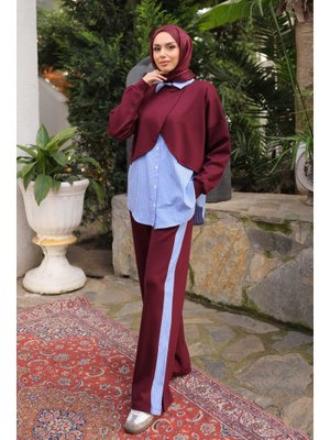 Bordo Pelerin Görünümlü Gömlek Pantolonlu Modal Takım
