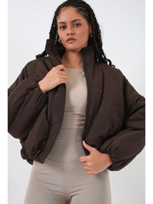 Kahverengi Oversize Bomber Şişme Mont