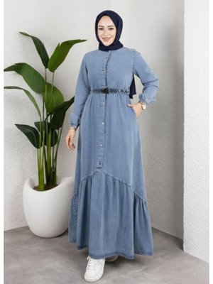 Düğmeli Kuşaklı Denim Kot Mavi Elbise