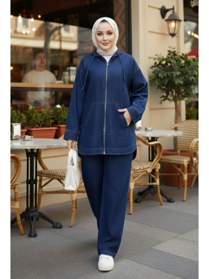 Kapüşonlu Cepli Koyu Kot Mavi Tunik Pantolon Takım