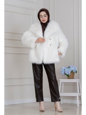 Beyaz Şal Yaka Cırt Cırtlı Suni Kürk