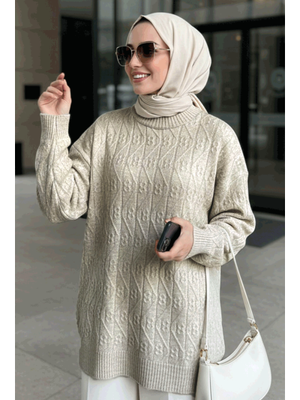 Desenli Bej Triko Kazak Tunik 86541bej