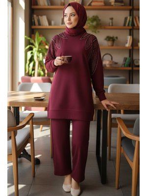 Bordo Taş Detaylı Modal İkili Takım