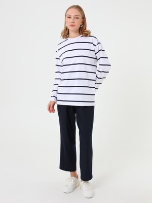 Basic Tunik Ekru Lacivert Çizgili