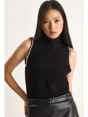 Siyah Taş Detaylı Yarım Balıkçı Yaka Triko Bluz